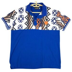 Ariat Kids EX Blue Geometric Print‎ Short Sleeve Polo Shirt Boys Size XL